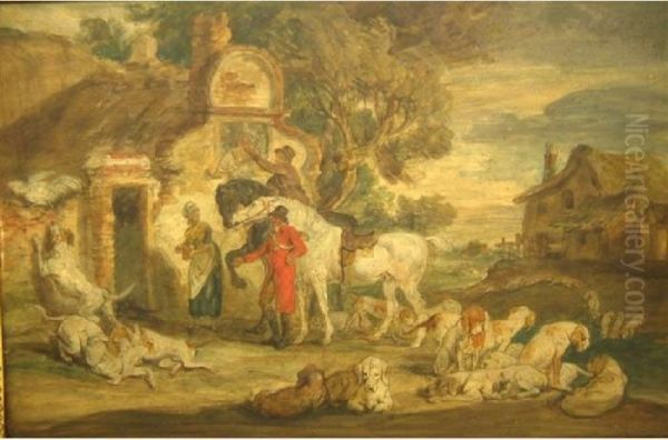 Huntsmen And Hounds Outsidean Inn Oil Painting by James Ward