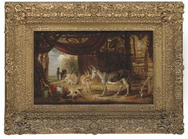 Donkeys And A Pig In A Barn With Cattle Beyond Oil Painting by James Ward