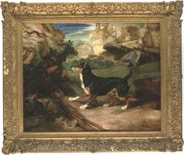 A Terrier, Stoat And Dead Rabbit In A Rocky Landscape Oil Painting by James Ward