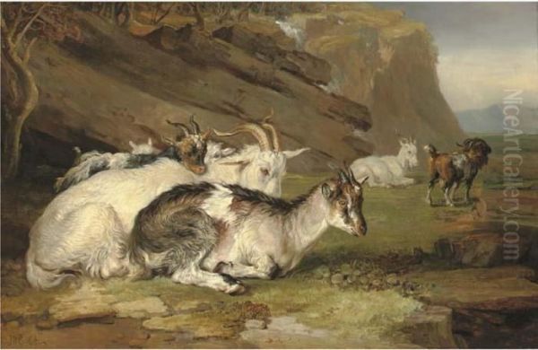 Goats In A Rocky Landscape Oil Painting by James Ward