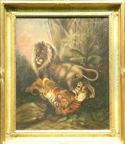 Lion And Tiger In Jungle Oil Painting by James Ward