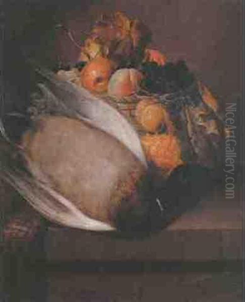 Still Life Of A Basket Of Fruit And Dead Game On A Ledge Oil Painting by James Ward