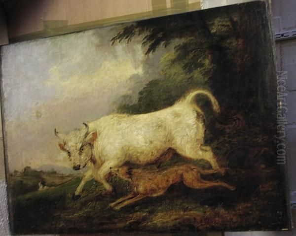 Landscape With Wolfhound Chasing A Bull, Oil On Canvas Oil Painting by James Ward