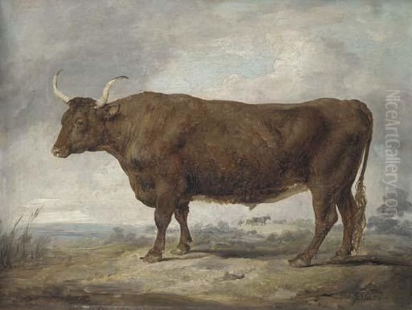 Portrait Of An Ox In A Landscape With A Figure And Two Oxen In Thedistance Oil Painting by James Ward