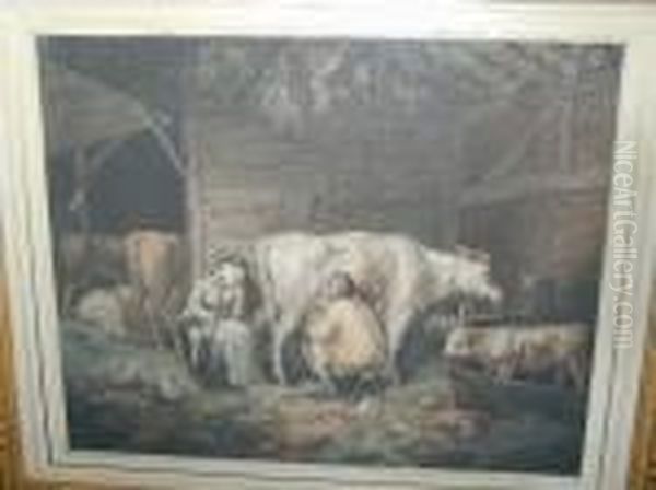 The Cowman And Maid With Cattle In The Stable Oil Painting by James Ward