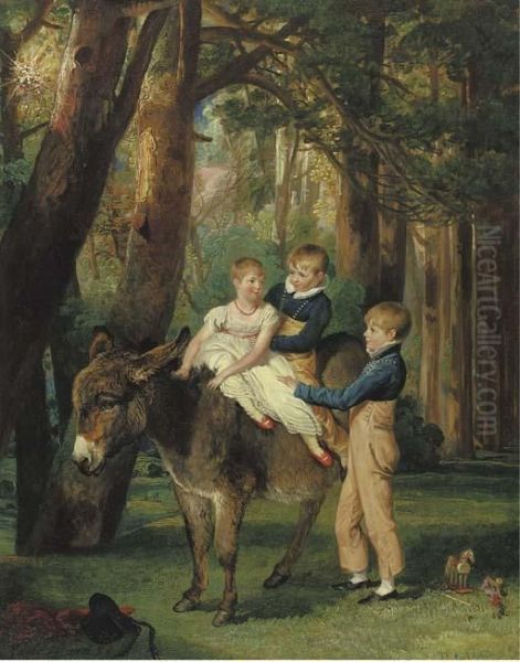 Group Portrait Of John, 
Theophilus And Frances Levett, Full-length, The Younger Two Seated On A 
Donkey, In A Wooded Landscape Oil Painting by James Ward