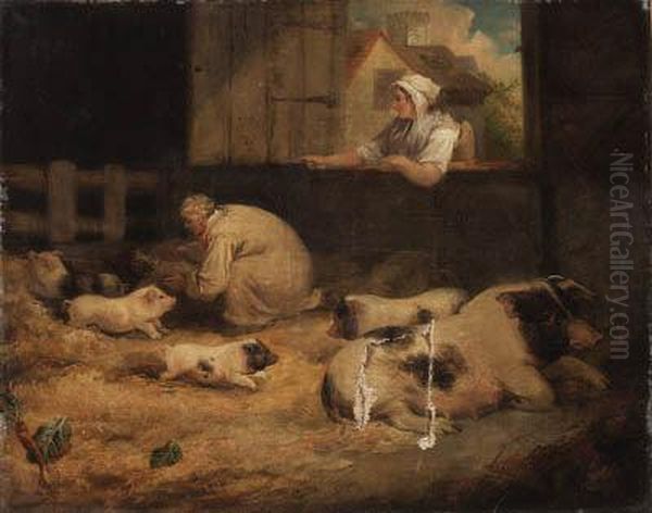 Tending The Piglets Oil Painting by James Ward