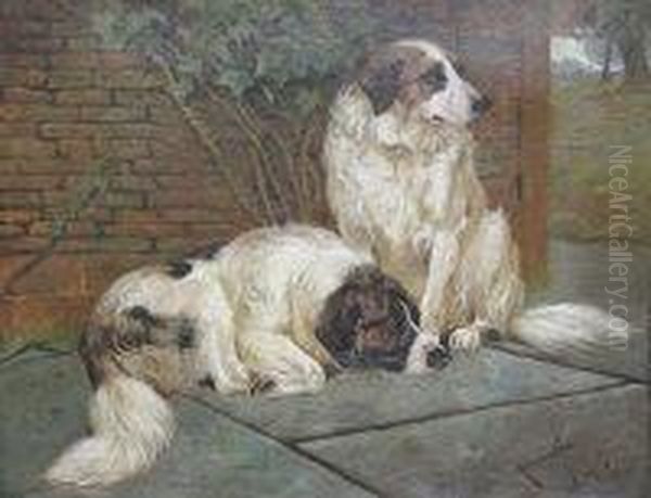 Two Sheep Dogs By A Wall Oil Painting by Arthur Wardle