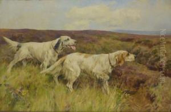 A Blue And An Orange Belton Setter In Moorland Landscape Oil Painting by Arthur Wardle