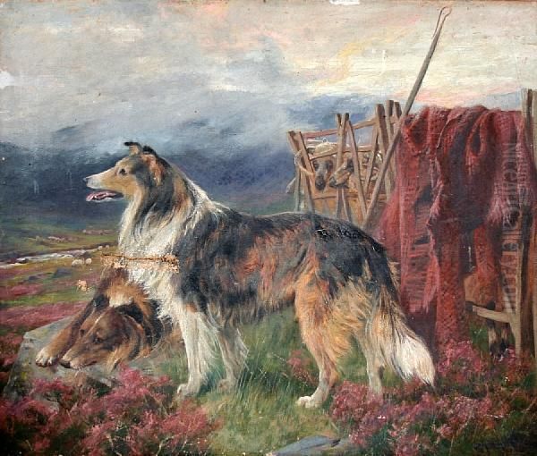 Sheepdogs In A Moorland Landscape Oil Painting by Arthur Wardle