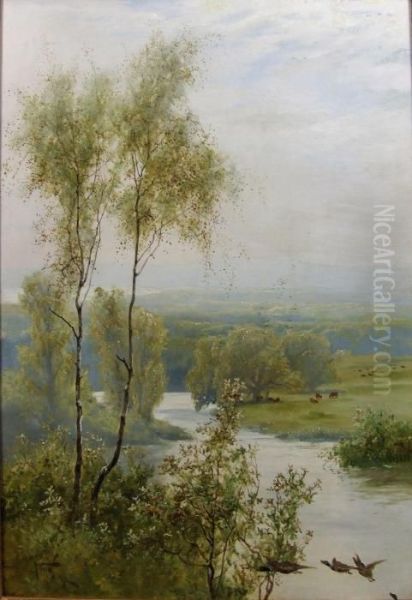 River Landscape With Mallards Rising To Foreground Oil Painting by Arthur Wardle