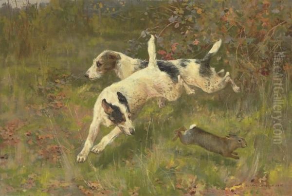 Terriers Chasing A Rabbit Oil Painting by Arthur Wardle