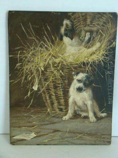 Puppies Playing In A Basket. Oil Painting by Arthur Wardle