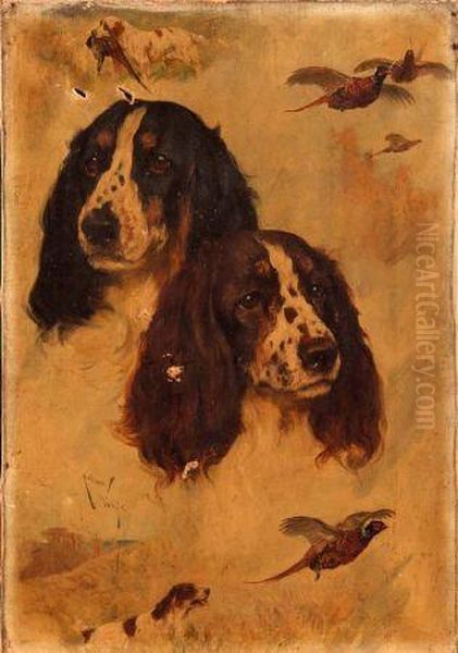 Springer Spaniels With Vignettes Of Pheasants And Further Spaniels Oil Painting by Arthur Wardle