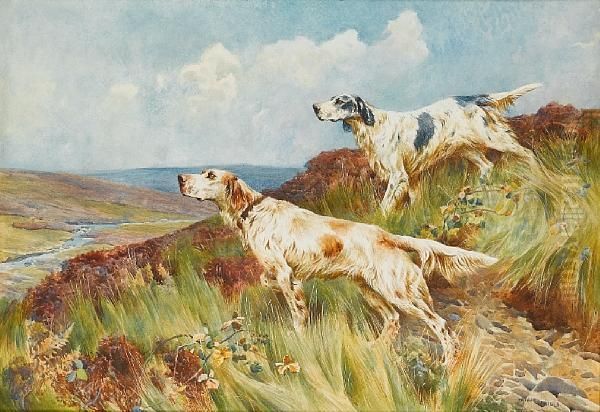 English Setters On A Moor Oil Painting by Arthur Wardle