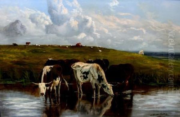 Rural Landscape With Watering Cattle Oil Painting by Arthur Wardle