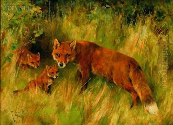 Fox And Kits Oil Painting by Arthur Wardle