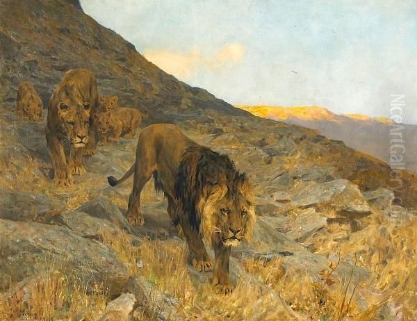 A Family Of Lions In A Rocky Landscape Oil Painting by Arthur Wardle