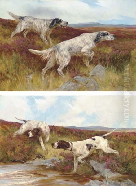 Setters On A Moor; And Pointers By A Stream Oil Painting by Arthur Wardle