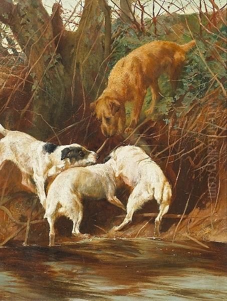 Four Terriers Going To Ground Oil Painting by Arthur Wardle