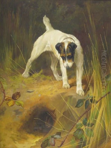 R.i., R.b.c., P.s. Terrier Standing Above A Rabbit Hole Bears A Signature Oil Painting by Arthur Wardle