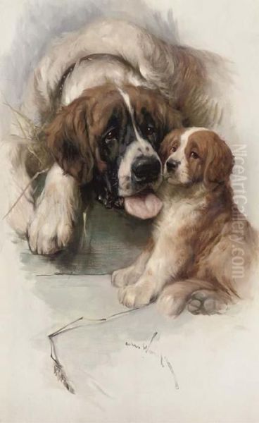 A St. Bernard And Puppy Oil Painting by Arthur Wardle