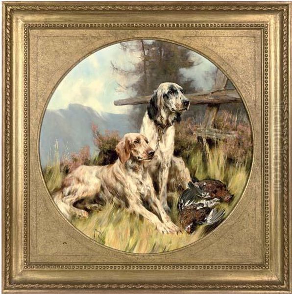 Setters Resting By A Brace Of Grouse Oil Painting by Arthur Wardle