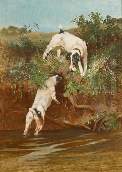 Terriers By A River Bank Oil Painting by Arthur Wardle