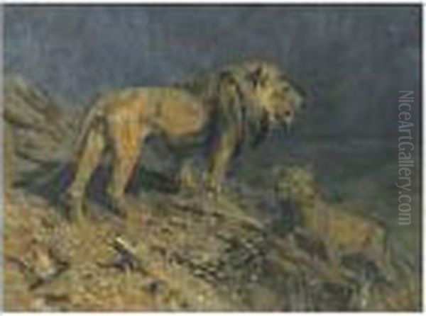 Lions At Midnight Oil Painting by Arthur Wardle