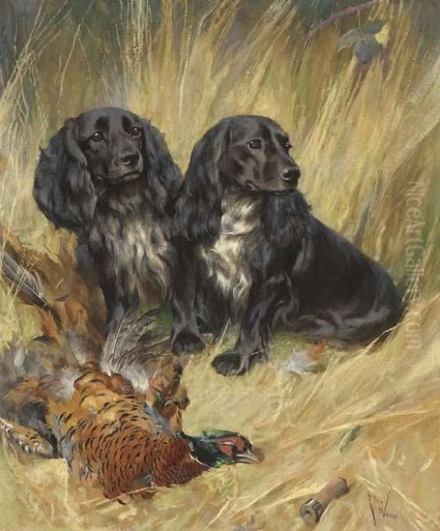 Spaniels With A Cock Pheasant Oil Painting by Arthur Wardle