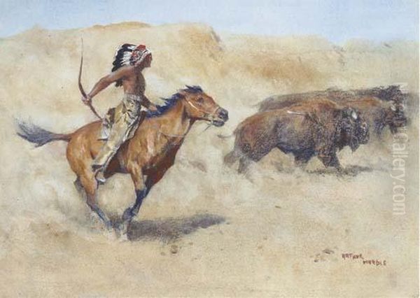 A Mounted Red Indian Hunting Buffalo Oil Painting by Arthur Wardle