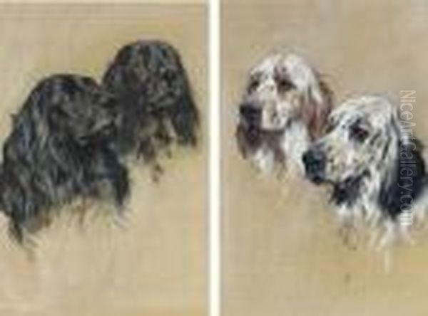 A Pair Of Black Cocker Spaniels; And A Pair Of English Setters Oil Painting by Arthur Wardle