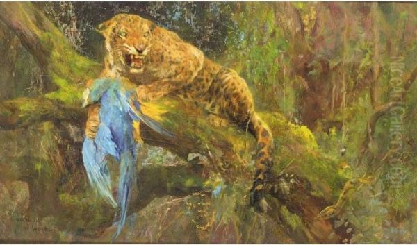 Leopard With Prey Oil Painting by Arthur Wardle