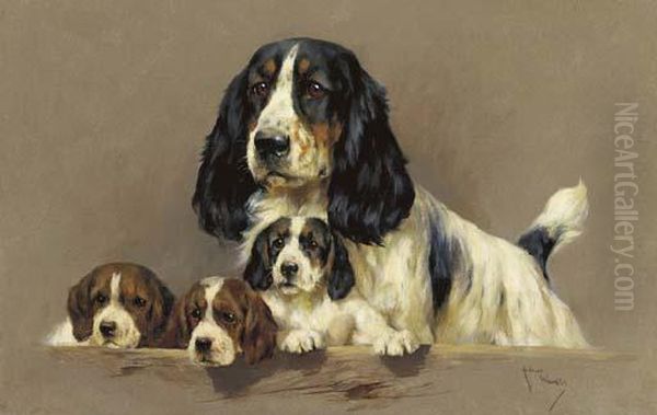 A Cocker Spaniel With Her Puppies Oil Painting by Arthur Wardle