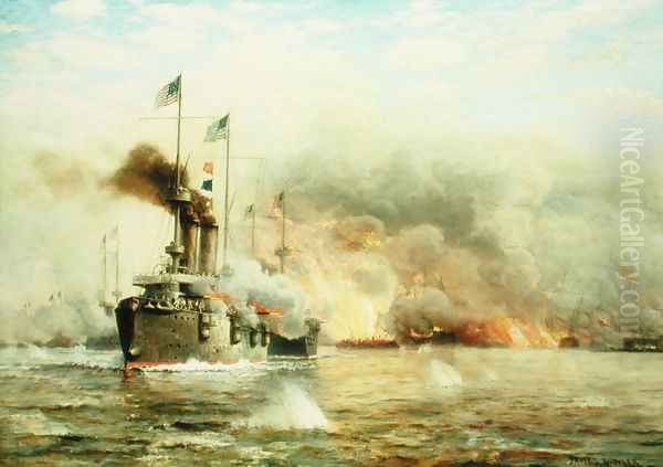 Battleships at War Explosion Oil Painting by James Gale Tyler