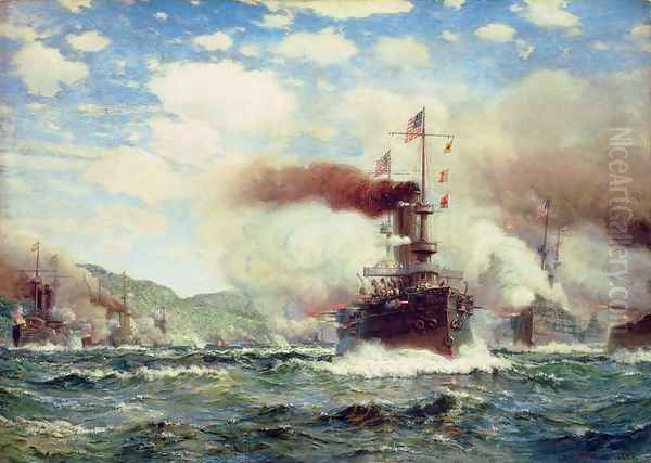 Naval Battle Explosion Oil Painting by James Gale Tyler