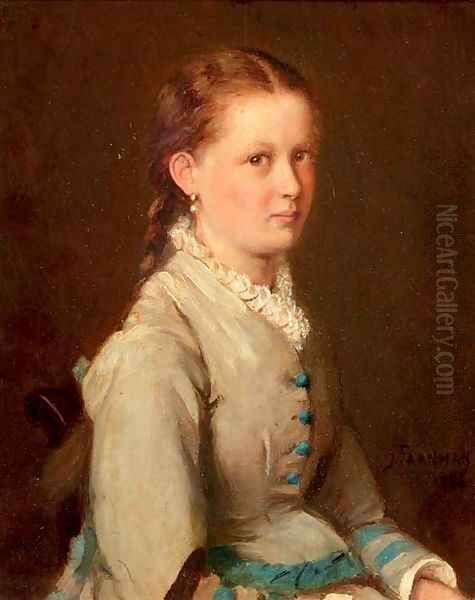 Portrait of a girl in a blue and white dress Oil Painting by Jacob Taanmann