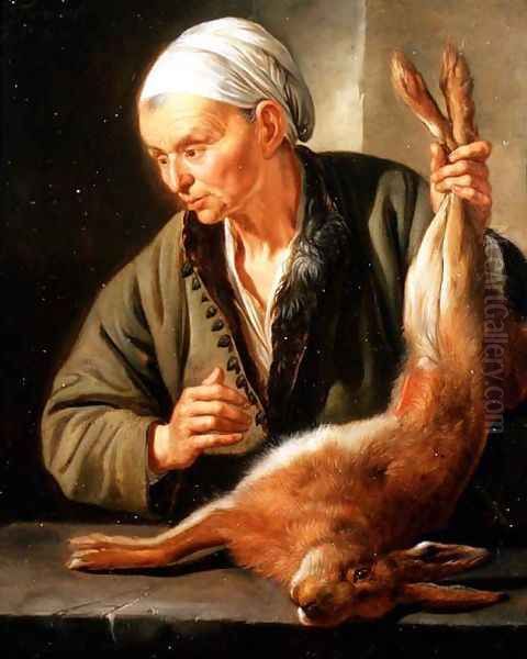 Woman with a dead hare, 1675 Oil Painting by Jacob Toorenvliet