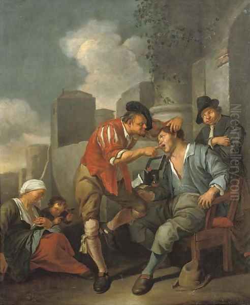 A dentist at work outside an archway Oil Painting by Jacob Toorenvliet