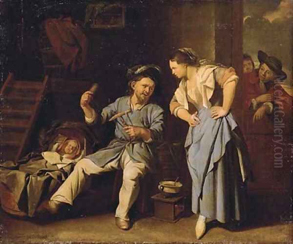 A man spinning yarn with a peasant woman and a baby in a wicker cot Oil Painting by Jacob Toorenvliet