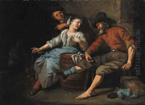 A maid entertaining travellers in a barn Oil Painting by Jacob Toorenvliet