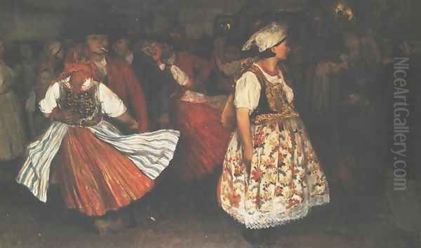 Folk Dancing Oil Painting by Wlodzimierz Tetmajer