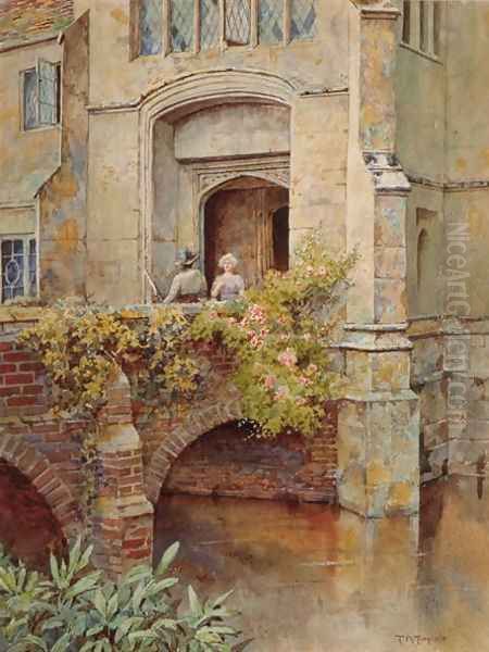 On the Bridge at Baddesley Clinton Hall Oil Painting by Thomas Nicholson Tyndale