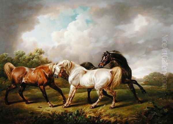 Three Horses in a Stormy Landscape Oil Painting by Charles Towne