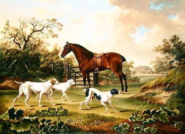 A Bay Hunter and Three Pointers in a Landscape with Lyston Hall Beyond Oil Painting by Charles Towne