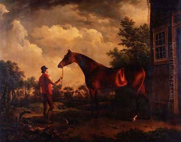 A hunter and groom outside a country house, 1816 Oil Painting by Charles Towne