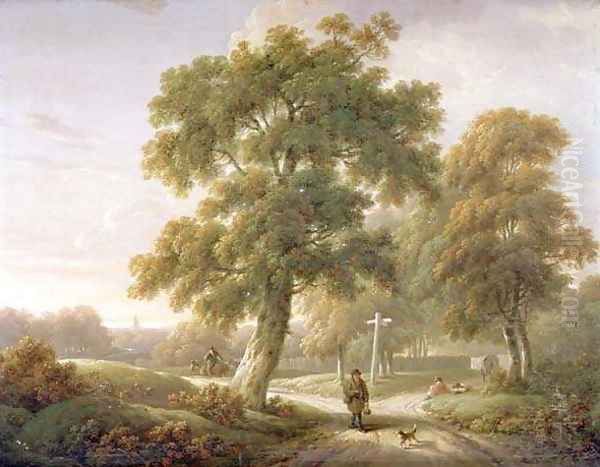 Travellers at a crossroads in wooded landscape Oil Painting by Charles Towne