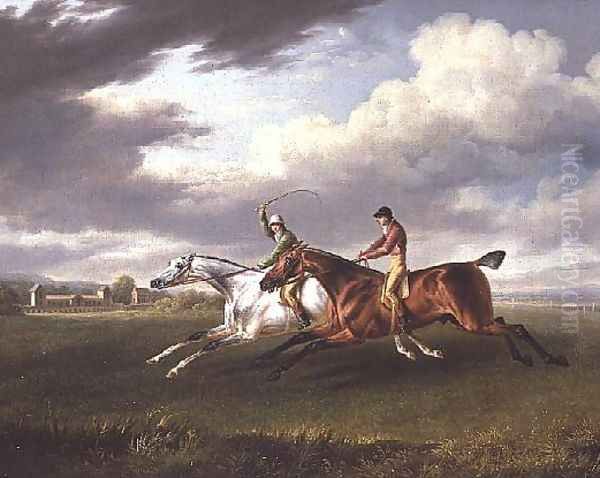 Two Racehorses with Jockeys up, Exercising in a Landscape Oil Painting by Charles Towne