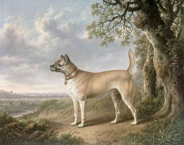 A Terrier on a path in a wooded landscape Oil Painting by Charles Towne