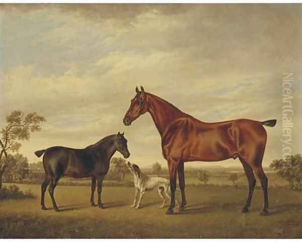 A horse and foal with a hound in a landscape Oil Painting by Charles Towne